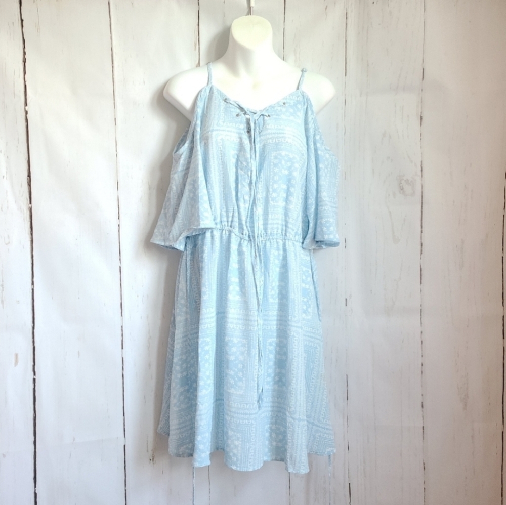 Plus size Blue cold shoulder mini dress new bandana print
